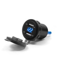 BIKETEC МОТОЦИКЛЕТНА ПОДВІЙНА РОЗЕТКА З ПІДСВІЧУВАННЯМ І ВОЛЬТМЕТРОМ МОНТАЖ НА ПЛОСКУ ПОВЕРХНЮ (ОБТІКАЧ, КУФЕР) АБО НА КЕРМО - ПОТРІБЕН АДАПТЕР BTMUS28