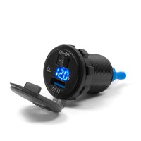 BIKETEC МОТОЦИКЛЕТНА USB РОЗЕТКА QUICK CHARGE З ВОЛЬТМЕТРОМ І ВИМИКАЧЕМ МОНТАЖ НА ПЛОСКУ ПОВЕРХНЮ (ОБТІКАЧ, КУФЕР) АБО НА КЕРМО — ПОТРІБЕН АДАПТЕР BTMUS28