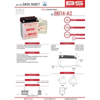 BS АКУМУЛЯТОР BB14-A2 (YB14-A2) 12V 14AH 134X89X166 ОБСЛУГОВУВАНИЙ - ЕЛЕКТРОЛІТ ОКРЕМО (175A) (4) UE2019/1148