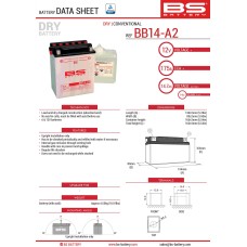 BS АКУМУЛЯТОР BB14-A2 (YB14-A2) 12V 14AH 134X89X166 ОБСЛУГОВУВАНИЙ - ЕЛЕКТРОЛІТ ОКРЕМО (175A) (4) UE2019/1148