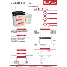 Акумулятор BS BB14-B2 (YB14-B2) 12V 14AH 134X89X166 обслуговується - електроліт окремо (175A) (4) UE2019/1148