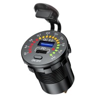 Мотоциклетна подвійна розетка BIKETEC USB Typ-C + USB QC 3.0 - 40 Вт Power Delivery з вольтметром для монтажу на плоску поверхню (обтікач, кофр) або на кермо - потрібен адаптер BTMUS28