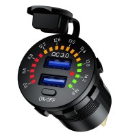 Мотоциклетна подвійна розетка USB BIKETEC QC 3.0 - 36 Вт швидка зарядка з вольтметром монтаж на плоску поверхню (обтічник, кофр) або на кермо - потрібен адаптер BTMUS28