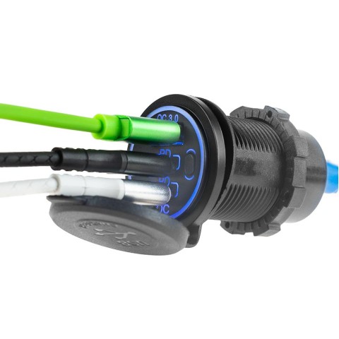 BIKETEC МОТОЦИКЛЕТНА ПОДВІЙНА USB QC 3.0 X 1 І PD X 2 - 54 ВТ POWER DELIVERY МОНТАЖ НА ПЛОСКУ ПОВЕРХНЮ (ОБТІКАЧ, КУФЕР) АБО НА КЕРМО - ПОТРІБЕН АДАПТЕР BTMUS28